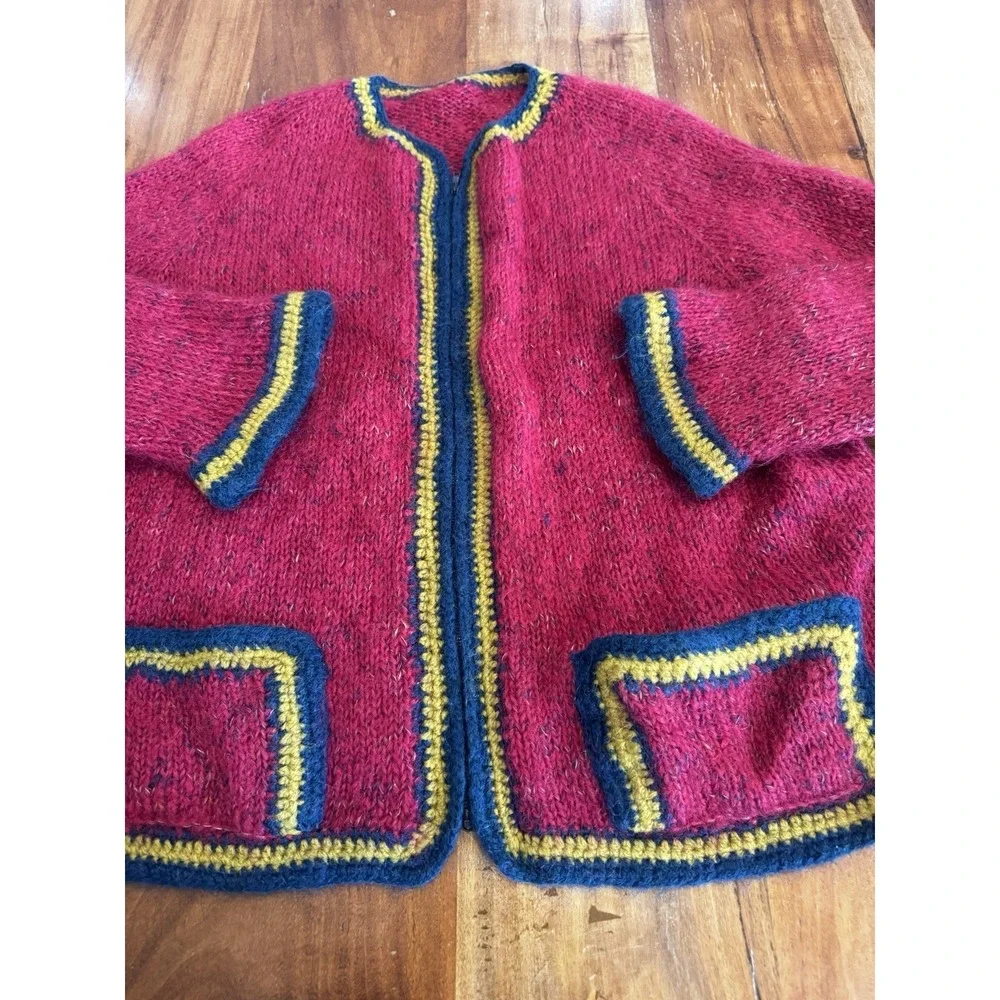 Granny Sweater Pink Vintage 70s Cardigan Grandma Handmade Mohair Furry Large